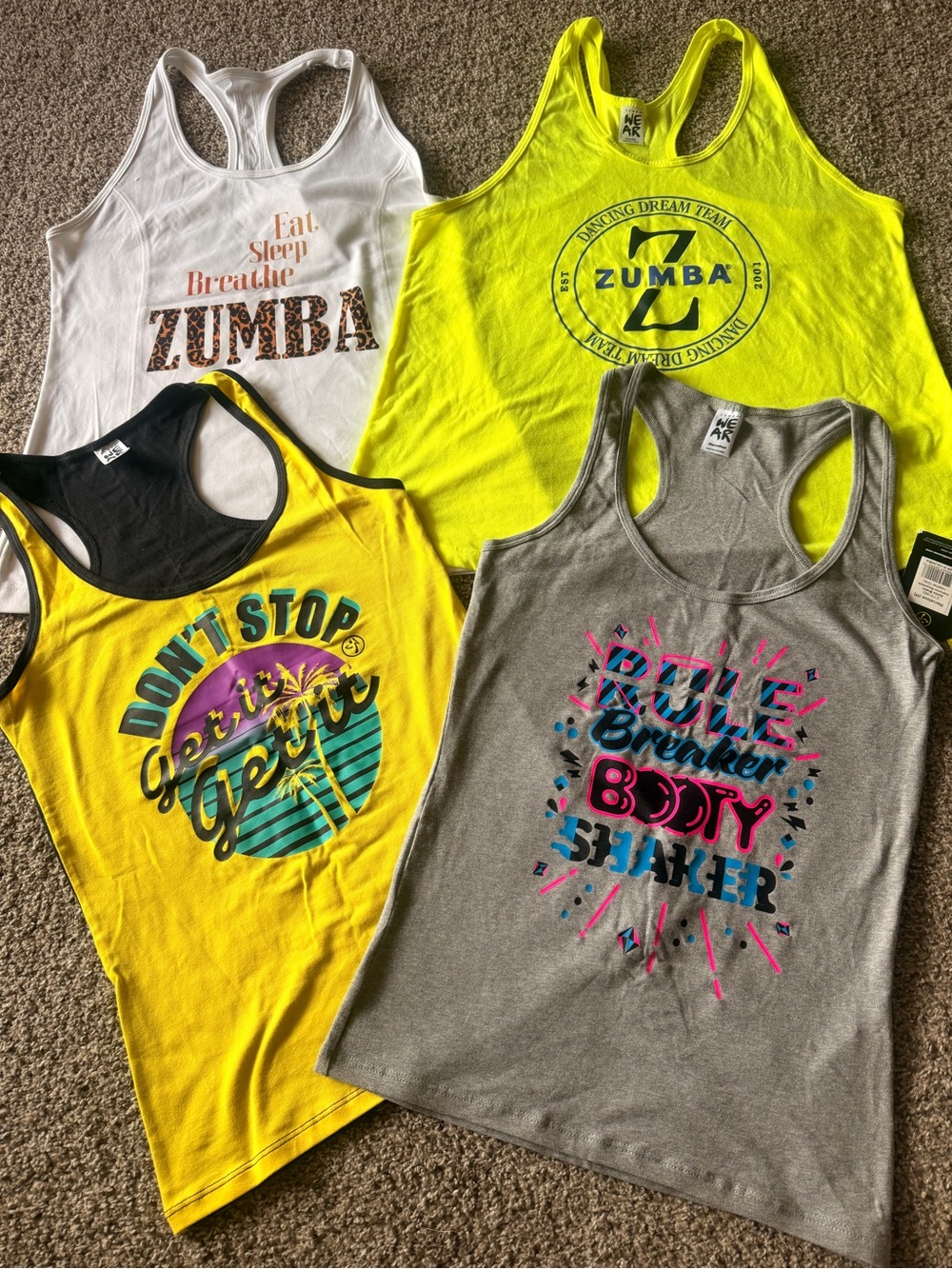 Zumba Fitness Yellow, Gray, White Tank Tops - 4 Pack